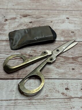 Vintage Brass-Colored Folding Grooming Scissors with Pouch